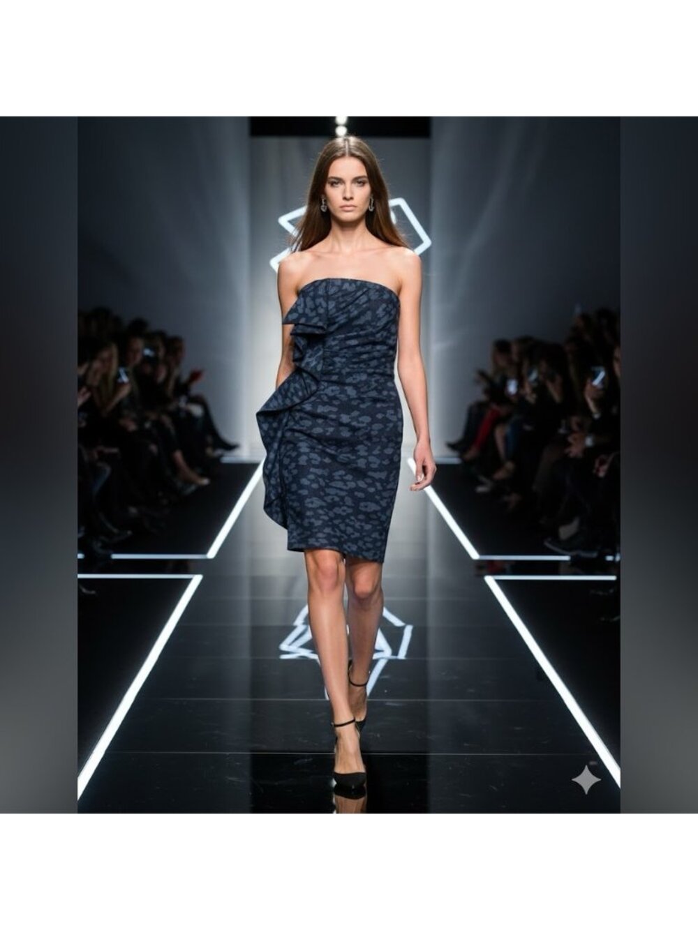 LANVIN Paris strapless denim animal print ruffle front knee length dress 6